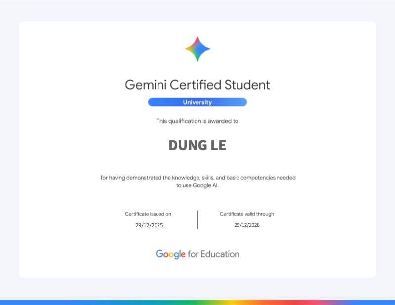 Google for Education Gemini Certified Student certificate awarded to Dung Le